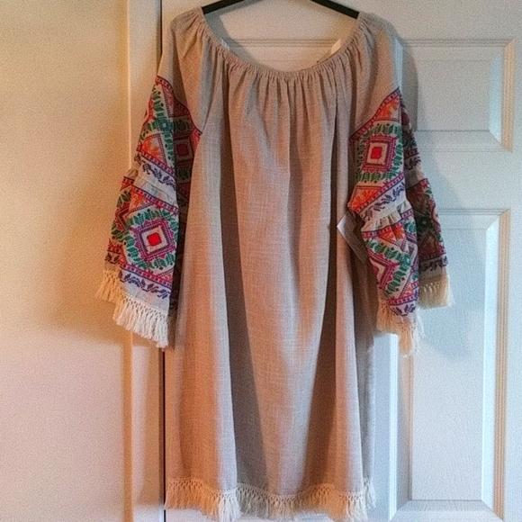 Velzera Dresses & Skirts - Velzera Peasant Midi Dress emb/fringe/100% cotton